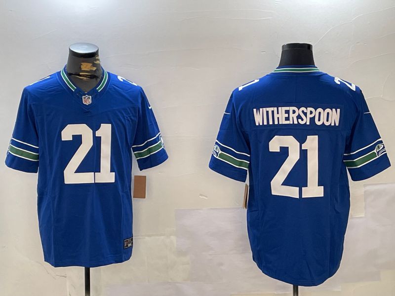 Men Seattle Seahawks 21 Witherspoon Blue Throwback three generations 2024 Nike Limited NFL Jersey style 1